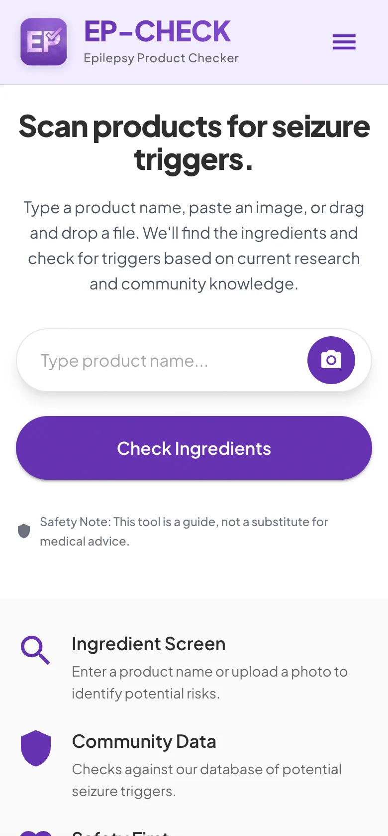 EPCheck mobile interface showing ingredient check results