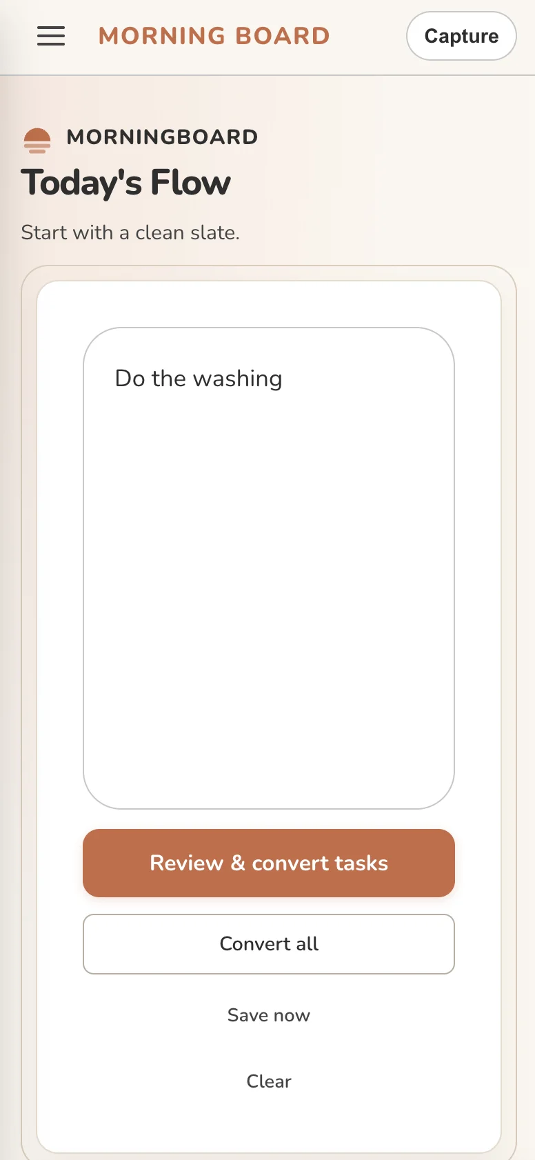 MorningBoard on mobile showing the Capture screen
